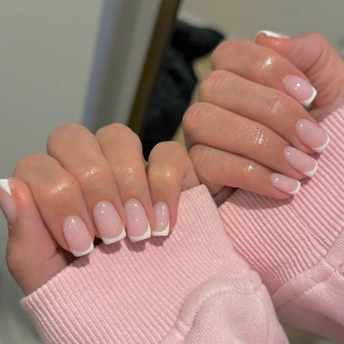 24Pcs French Tip Handmade Press On Nails Minimalist Solid Color Fake Nails Medium Square Full Cover Press On Nail Tips With Glue Ma boutique