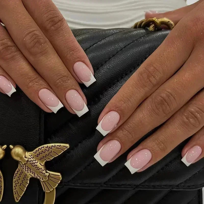 24Pcs French Tip Handmade Press On Nails Minimalist Solid Color Fake Nails Medium Square Full Cover Press On Nail Tips With Glue Ma boutique