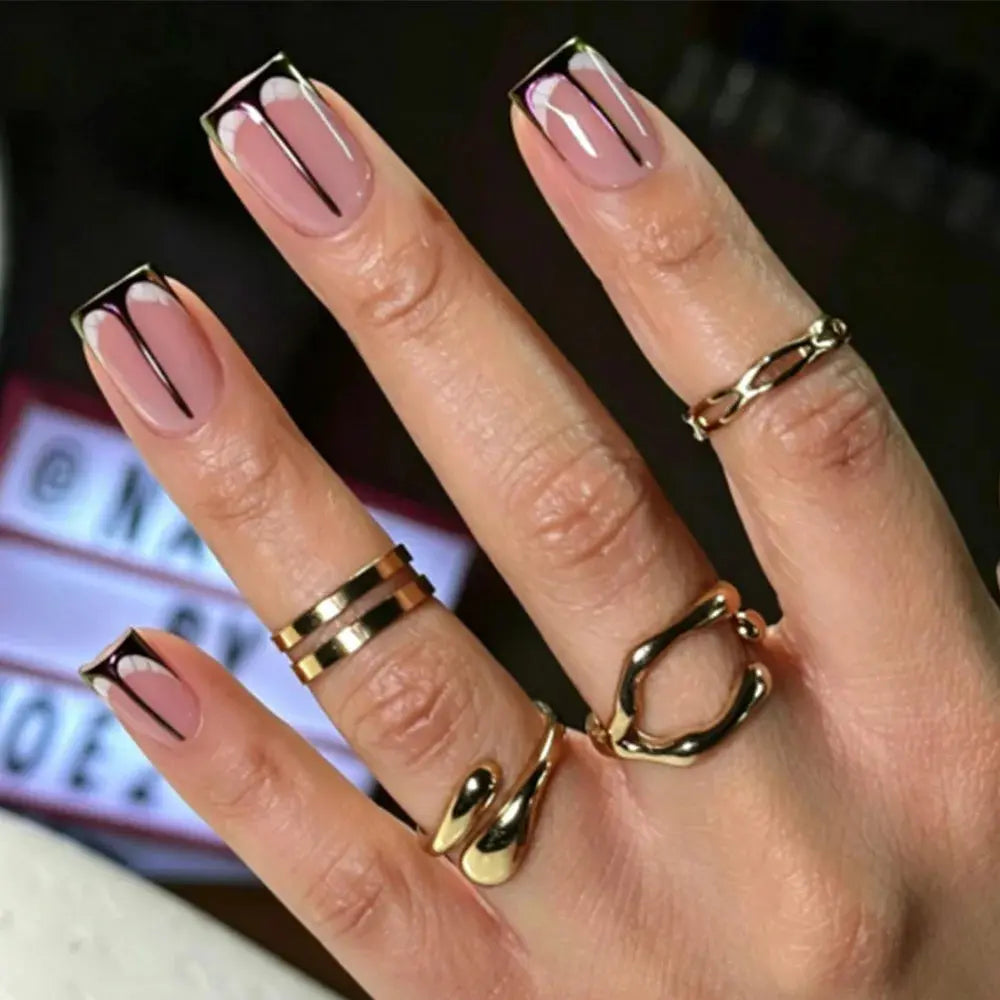 24Pcs French Tip Handmade Press On Nails Minimalist Solid Color Fake Nails Medium Square Full Cover Press On Nail Tips With Glue Ma boutique