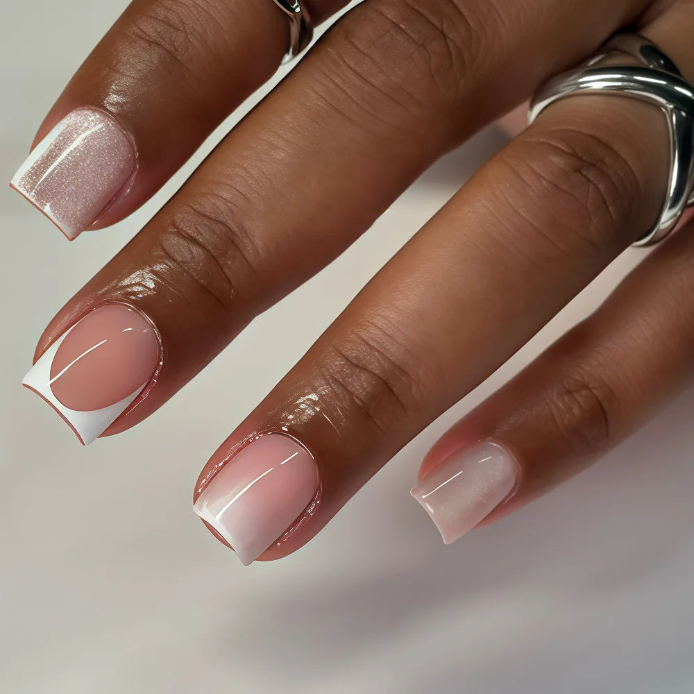 24Pcs French Tip Handmade Press On Nails Minimalist Solid Color Fake Nails Medium Square Full Cover Press On Nail Tips With Glue